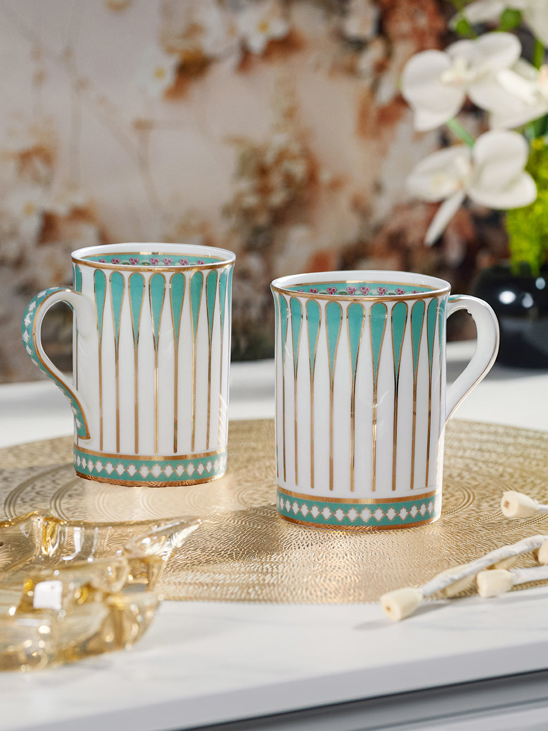 Seaside Bloom 24K Gold Plated Mugs (Pack Of 2)