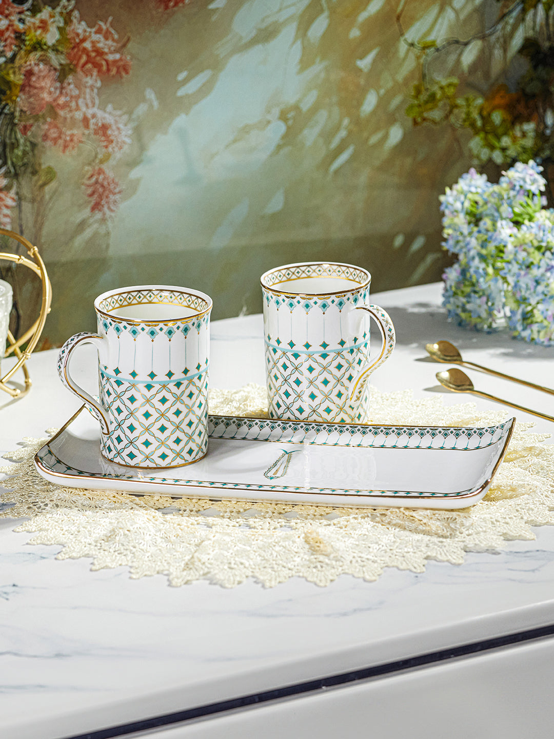 Momentum 24K Gold Plated Mugs and Tray Set