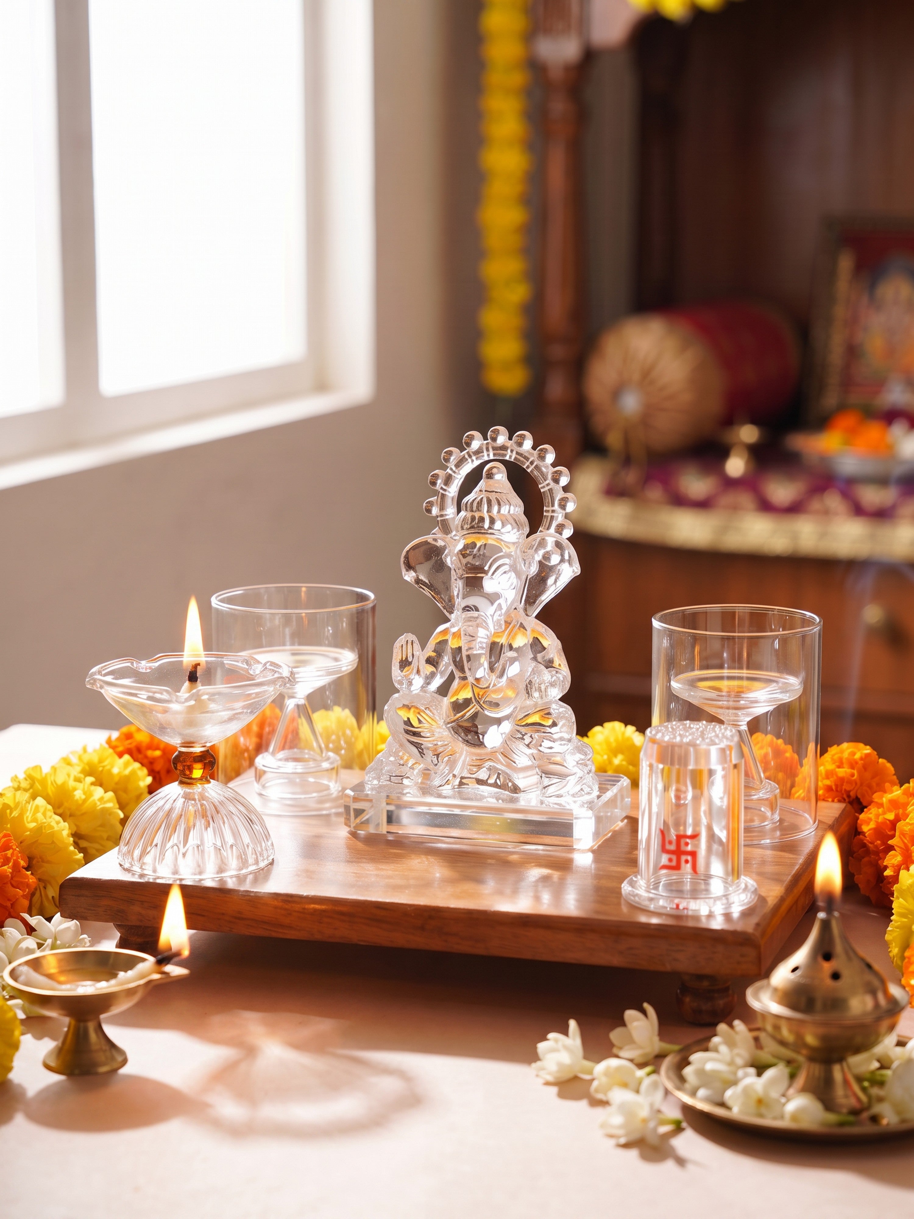 Ganesh Jyoti Glass Pooja Set