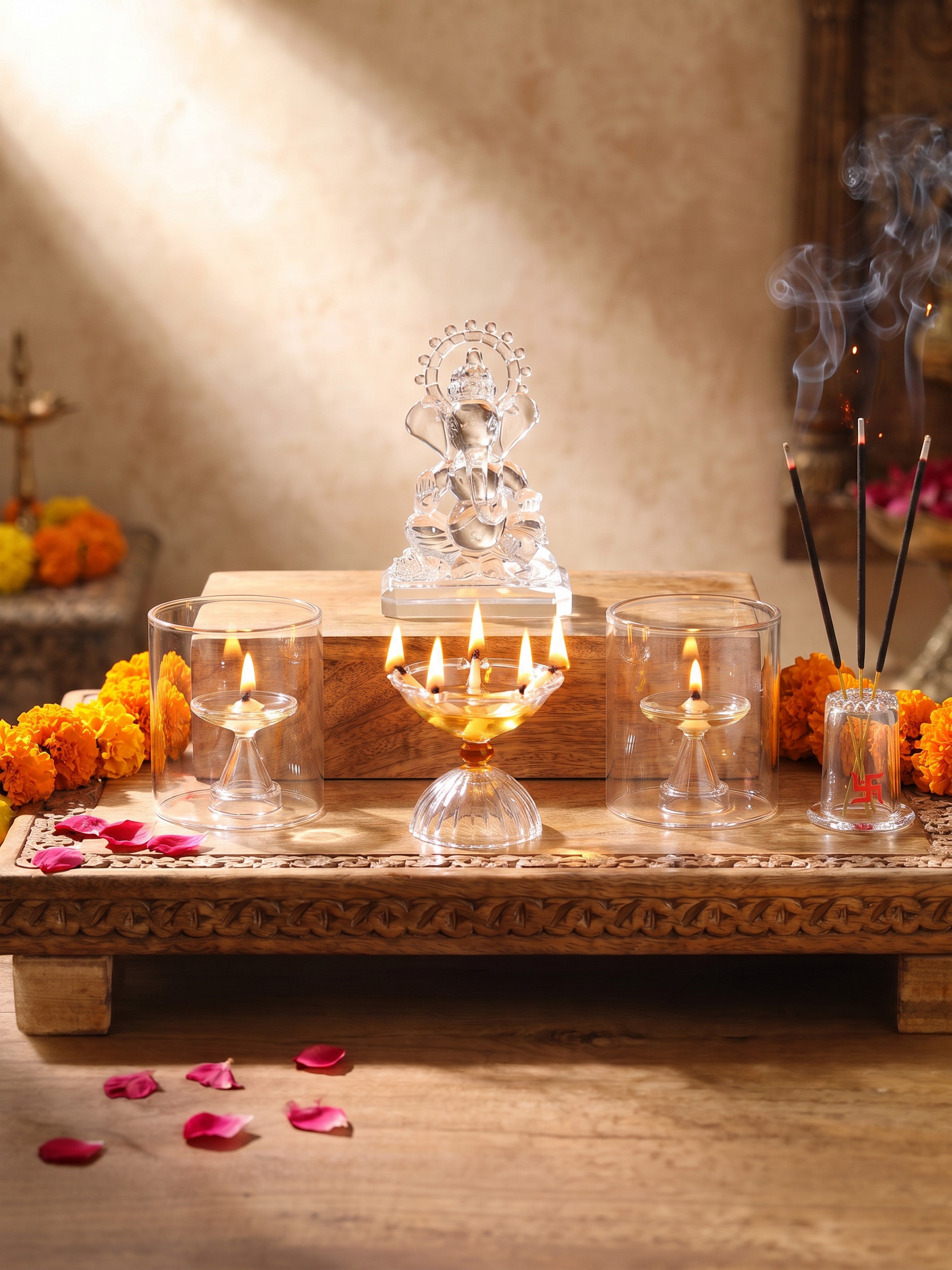 Ganesh Jyoti Glass Pooja Set
