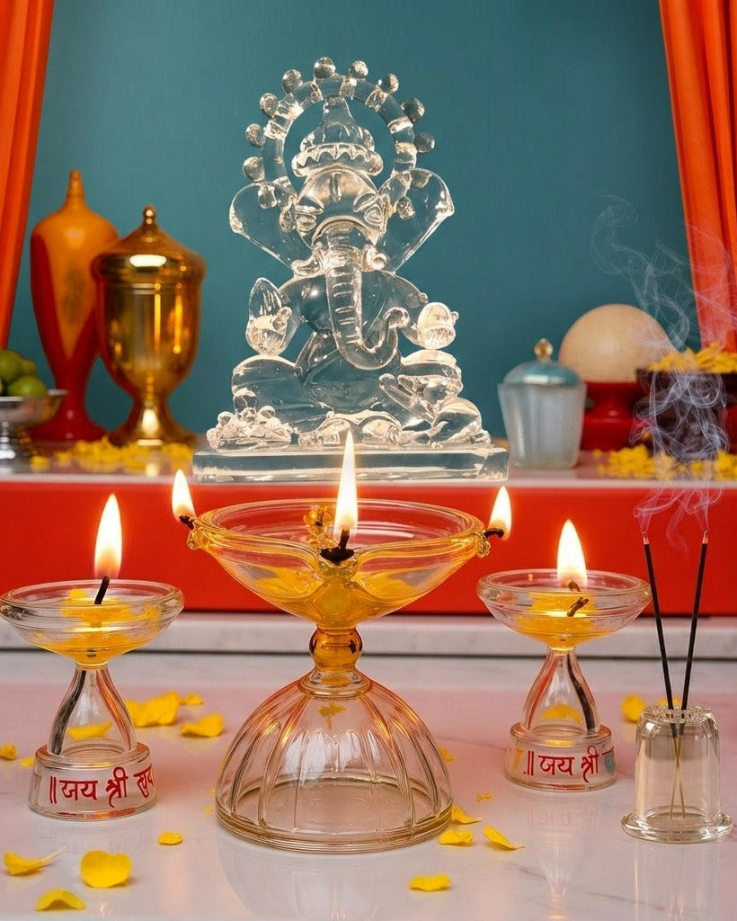 Ganesh Jyoti Glass Pooja Set