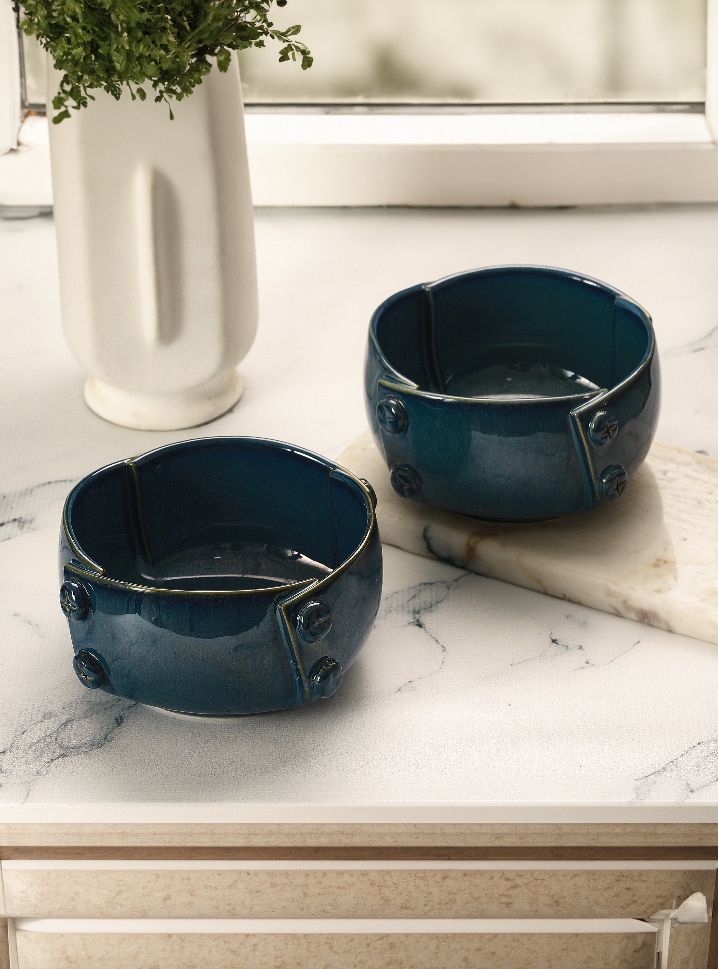 Teal Blue Ceramic Serving Bowl Set of 2