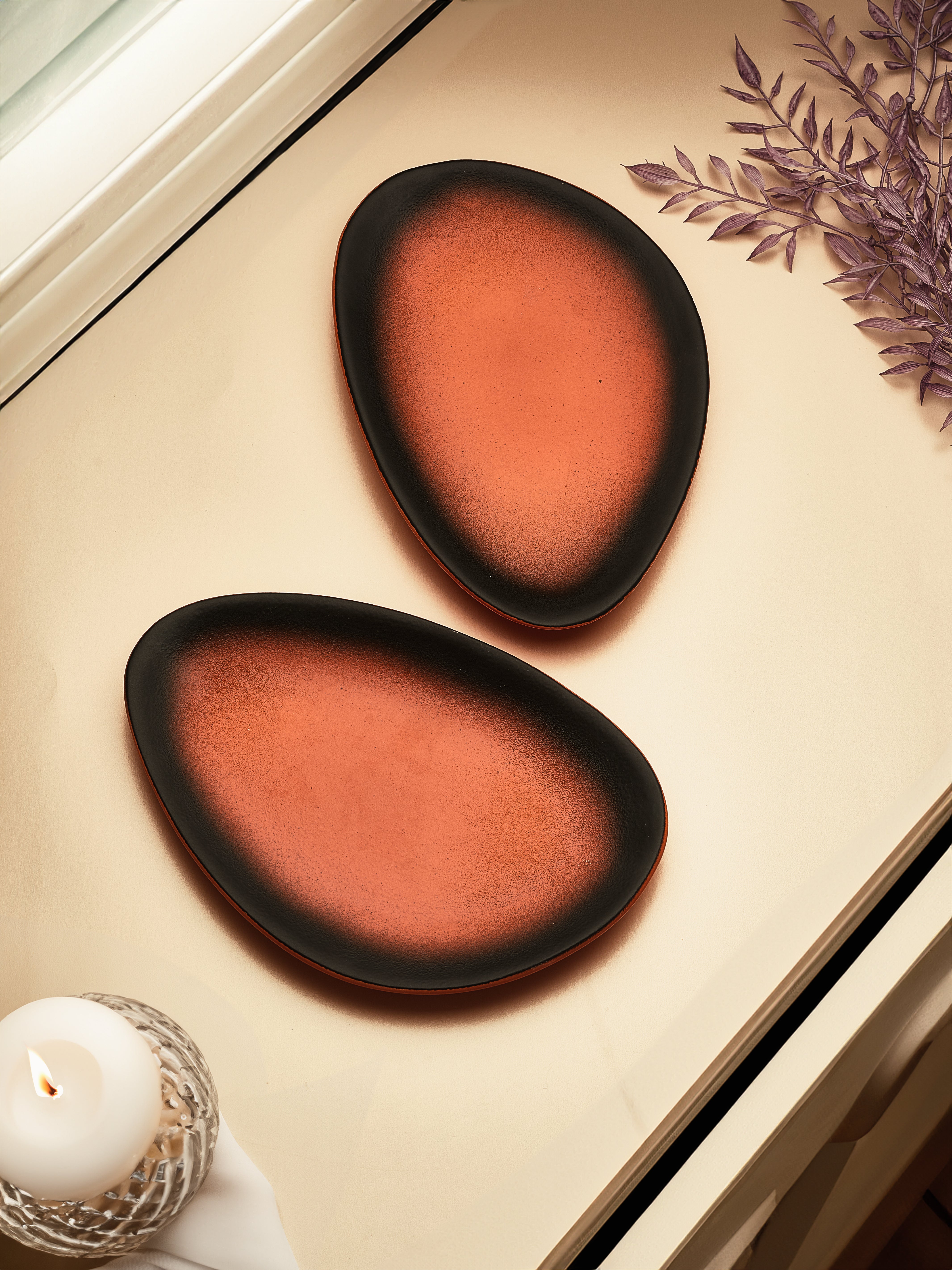 Black & orange Ceramic Serving Platter Set of 2