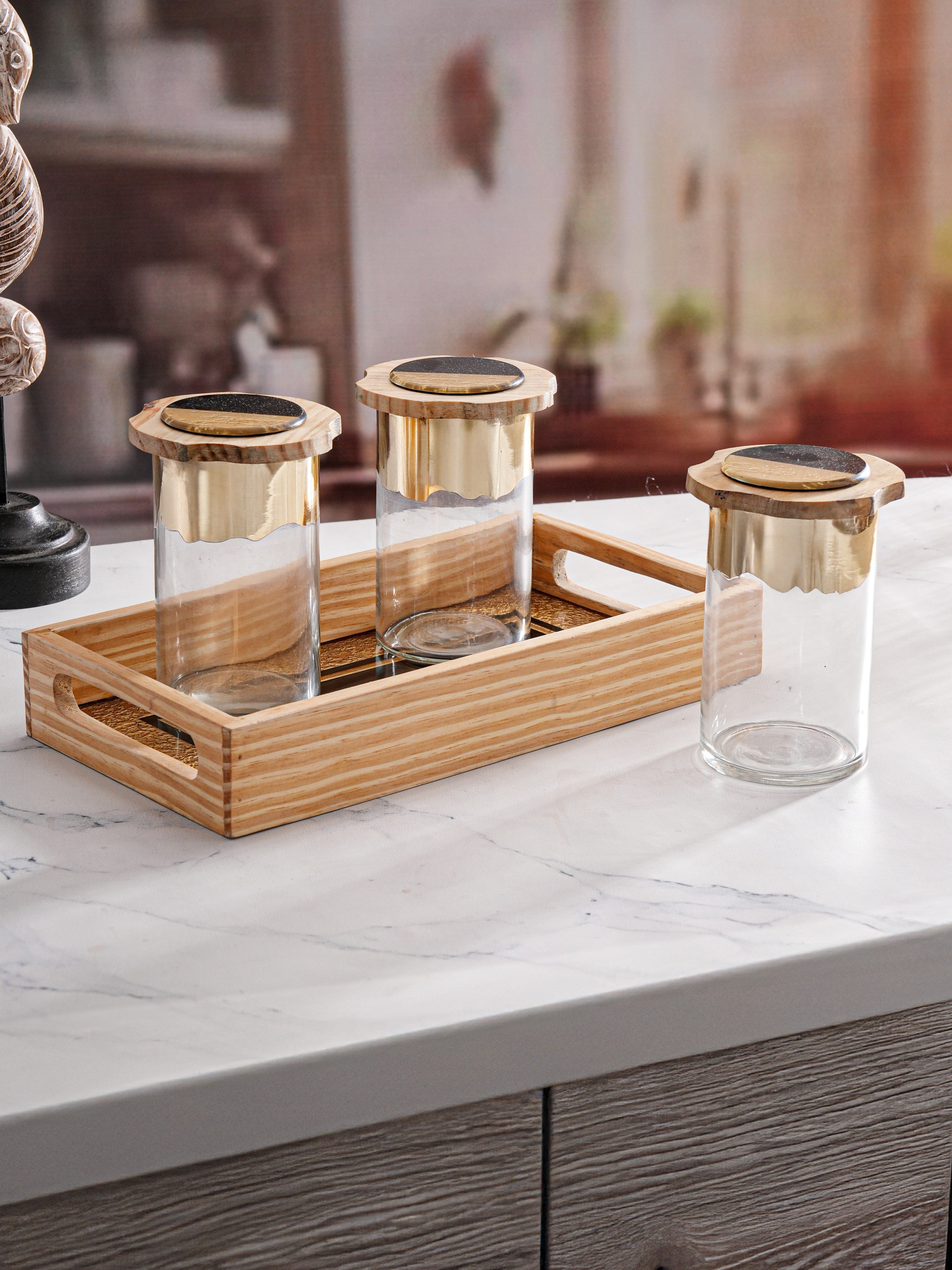 Noir and Gold Glass Jar Tray Set with Wooden Lids