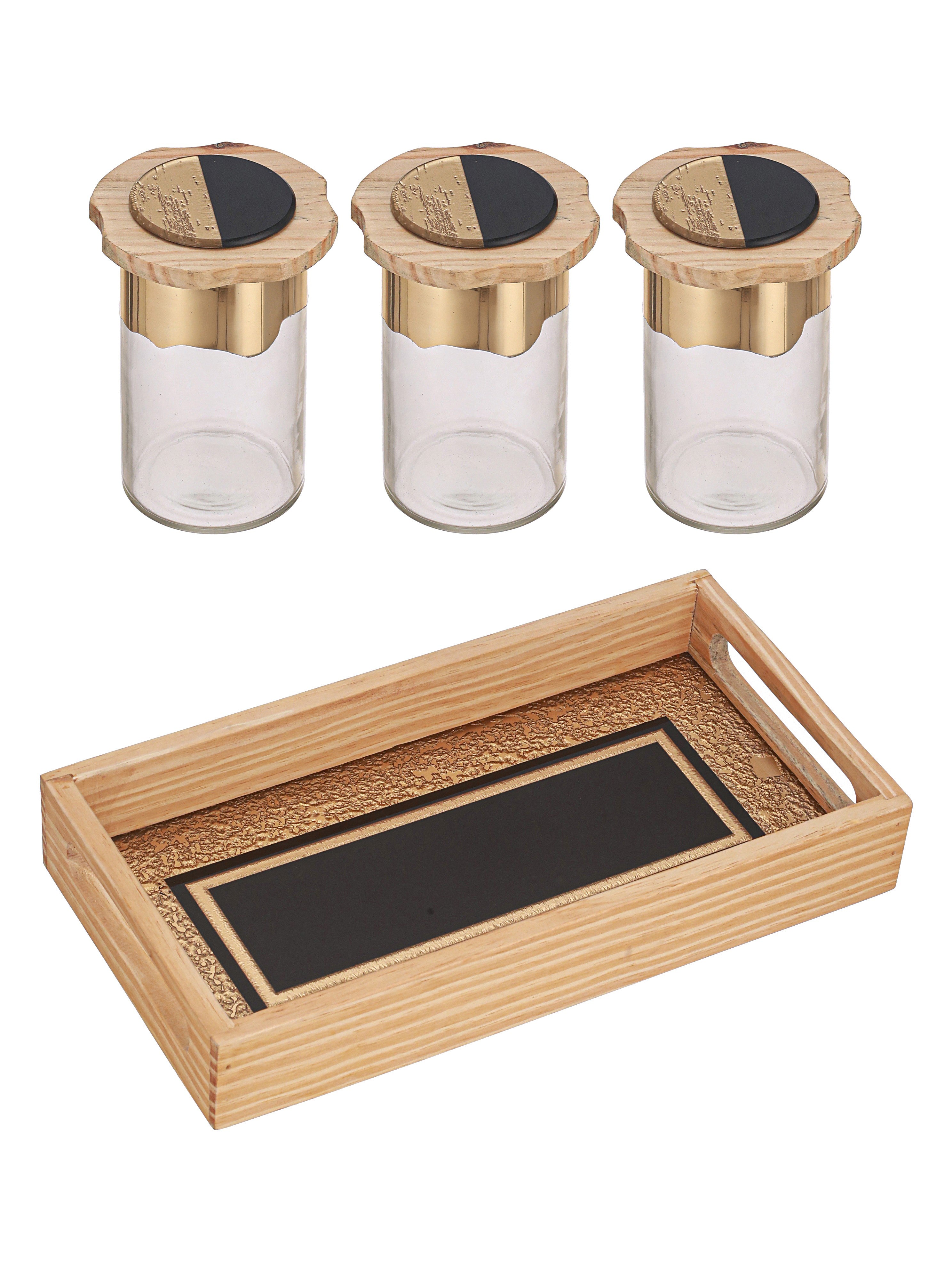 Noir and Gold Glass Jar Tray Set with Wooden Lids