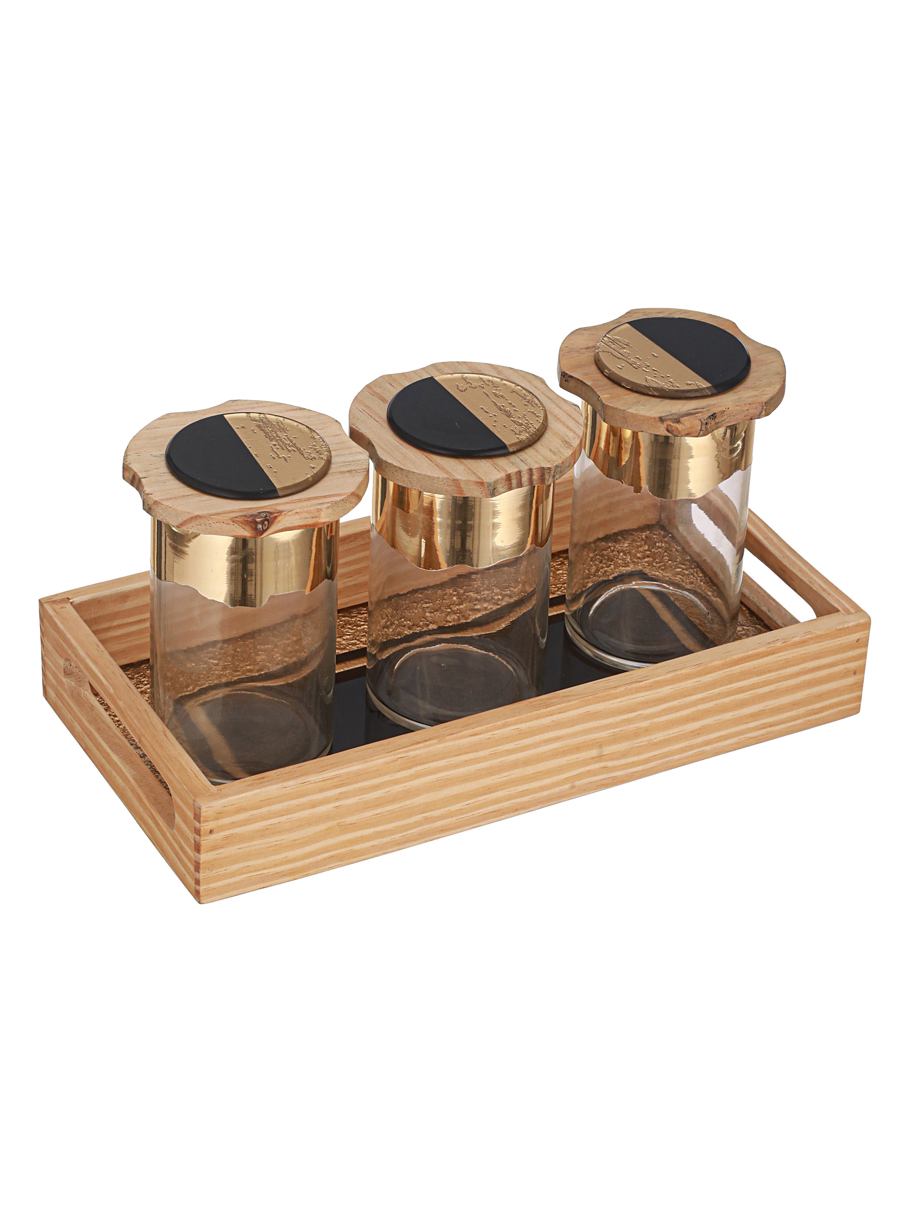 Noir and Gold Glass Jar Tray Set with Wooden Lids
