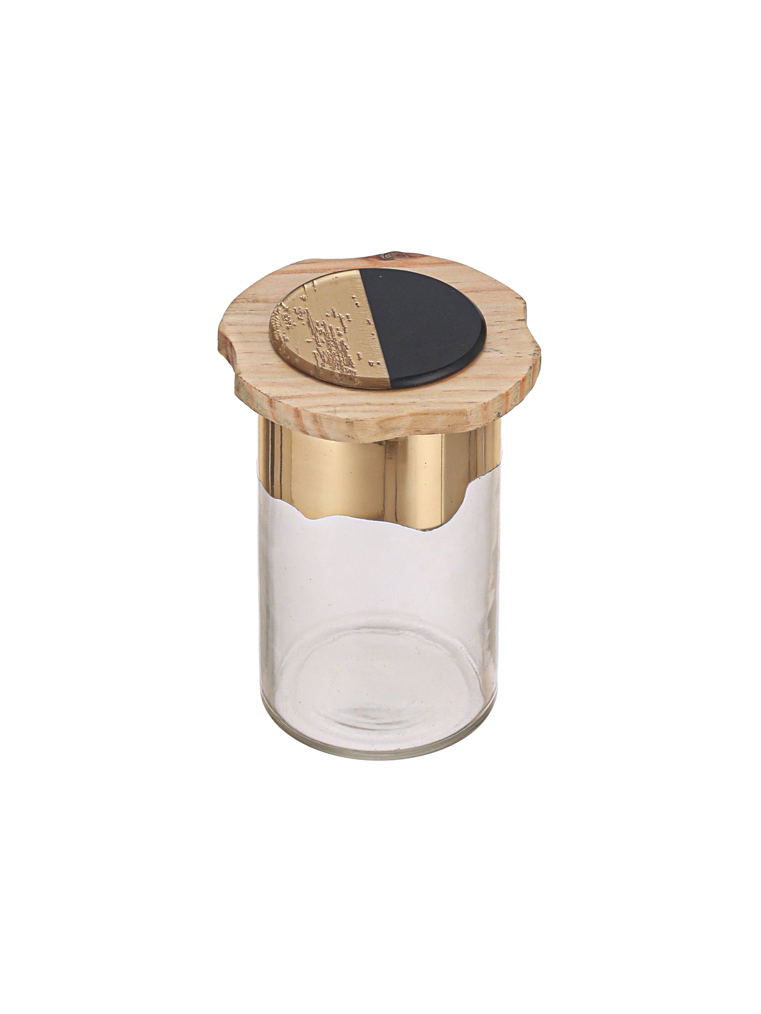 Noir and Gold Glass Jar Tray Set with Wooden Lids