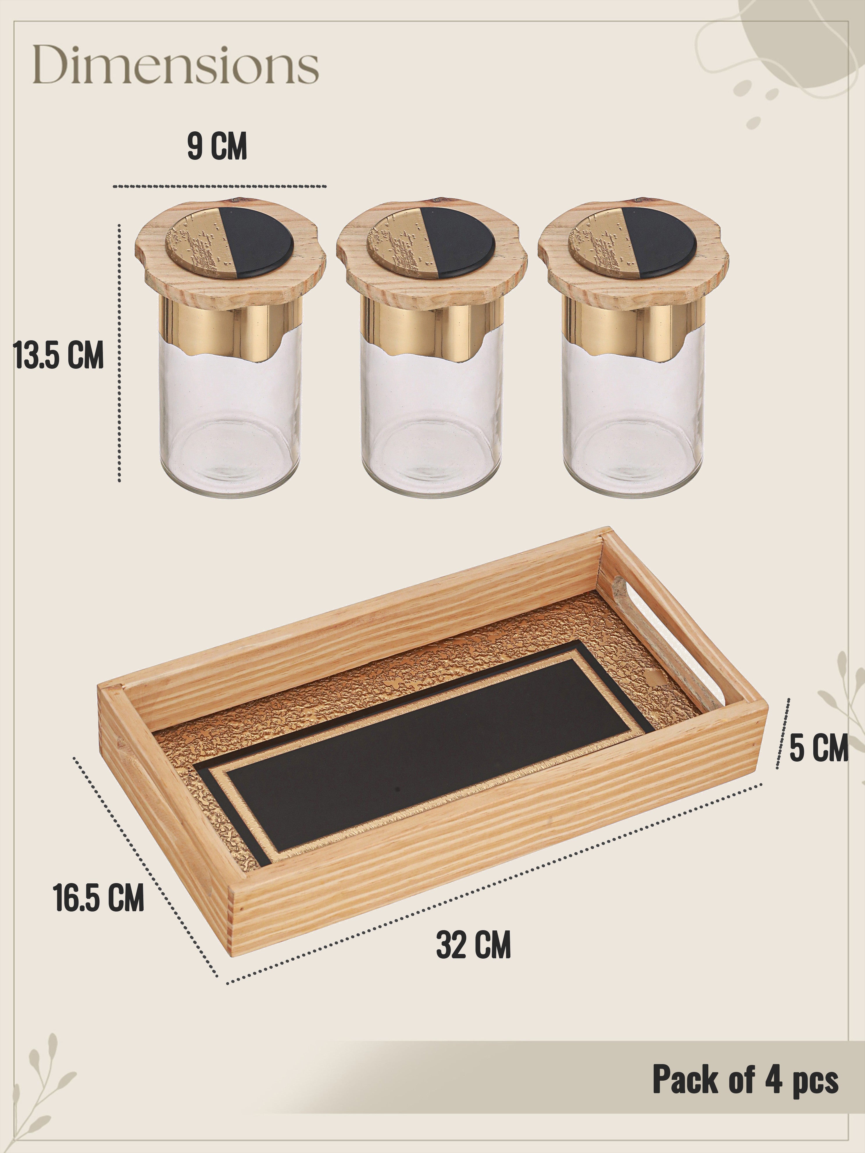 Noir and Gold Glass Jar Tray Set with Wooden Lids