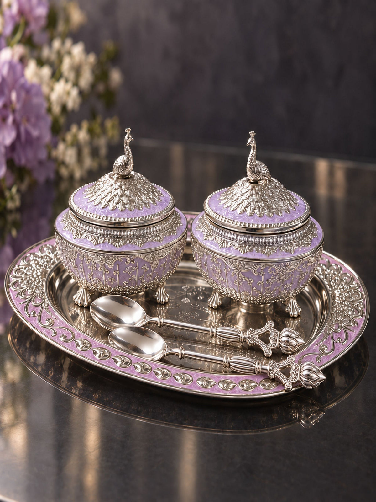 Lilac Crest Covered Bowl Set with Tray