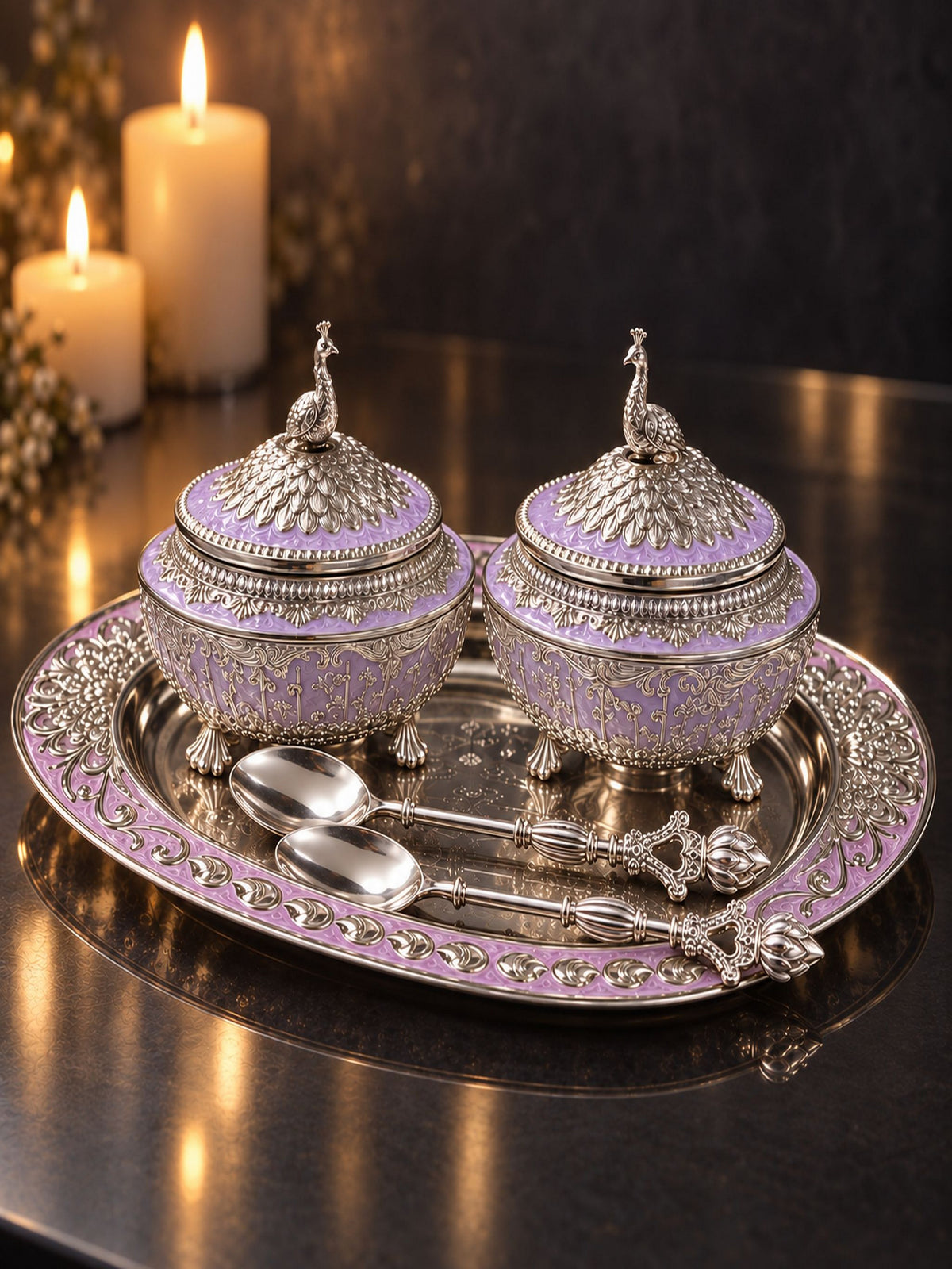 Lilac Crest Covered Bowl Set with Tray