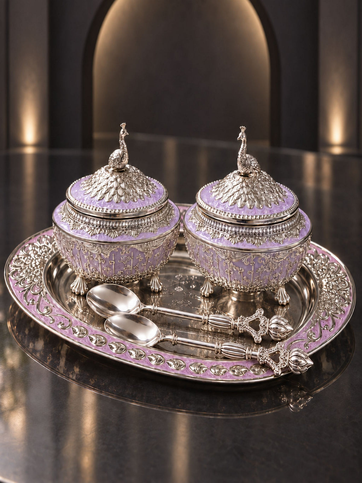 Lilac Crest Covered Bowl Set with Tray