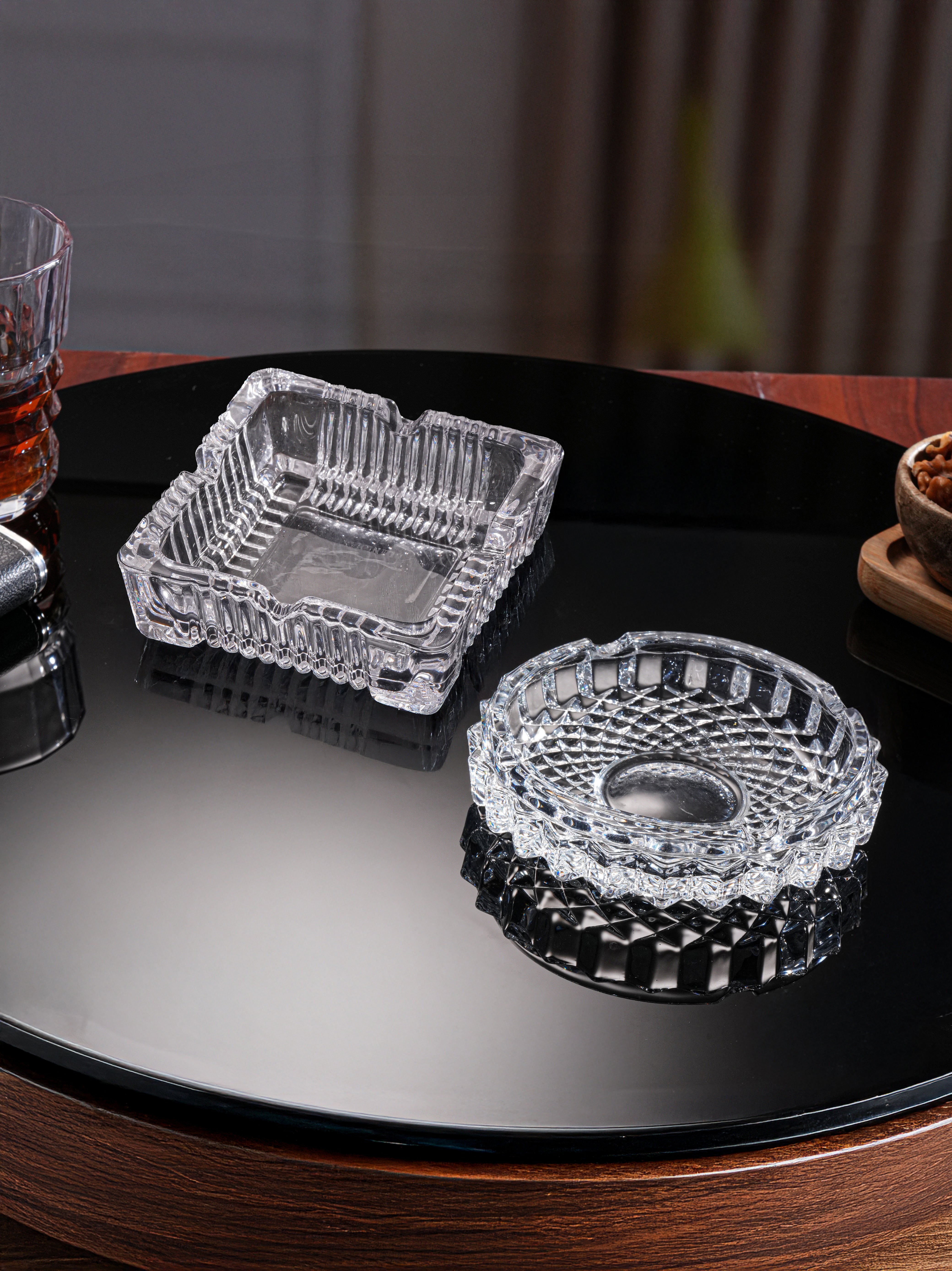 CrystalFlare & Serene Cut Clear Glass Ashtray Combo Set