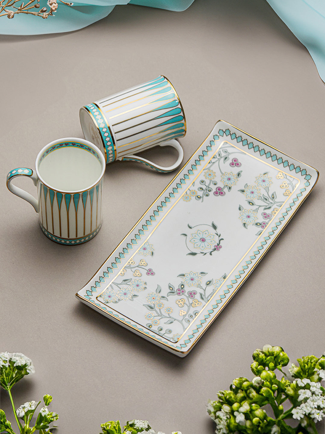 Seaside Bloom 24K Gold Mugs and Tray Set