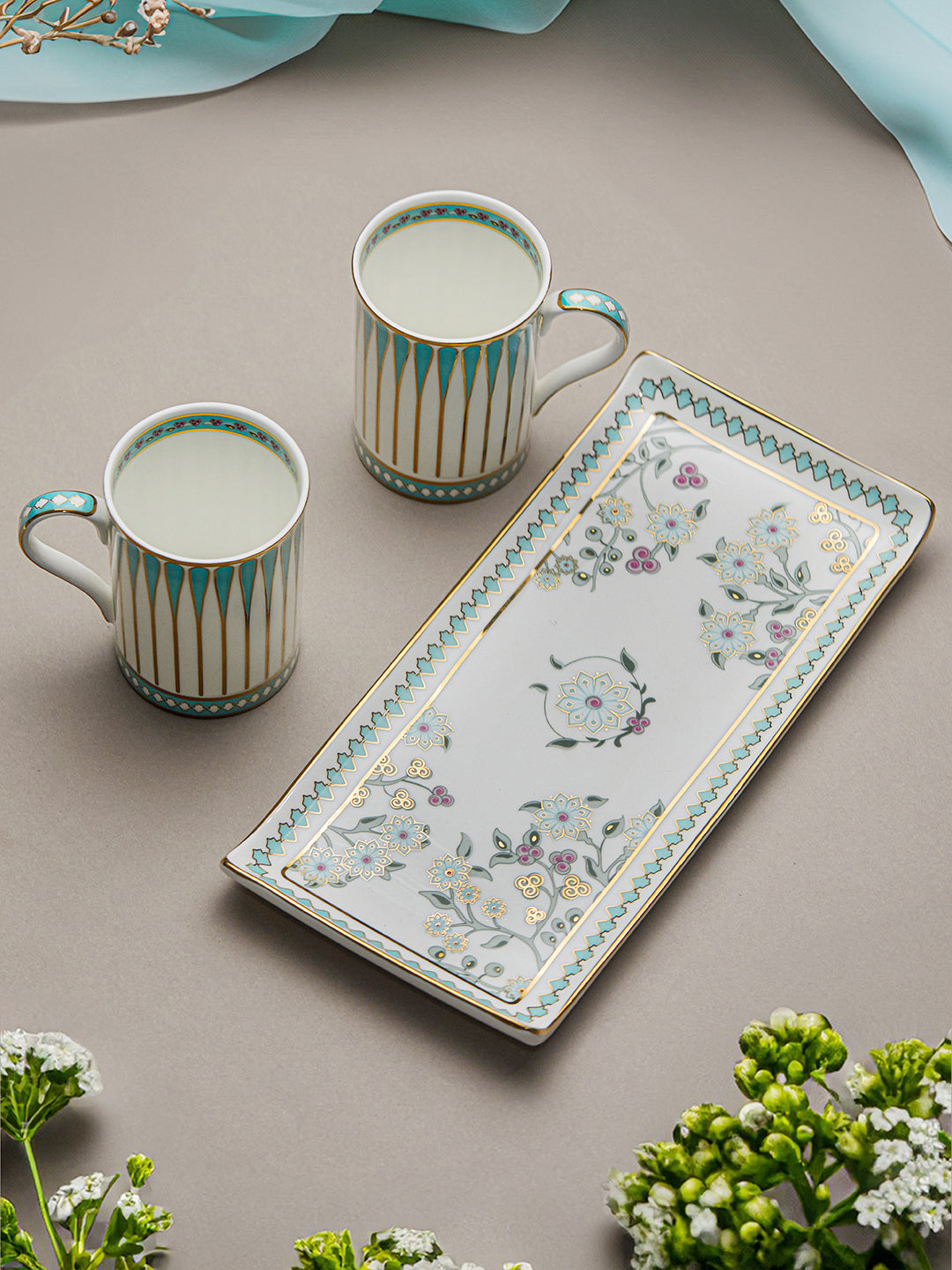 Seaside Bloom 24K Gold Mugs and Tray Set