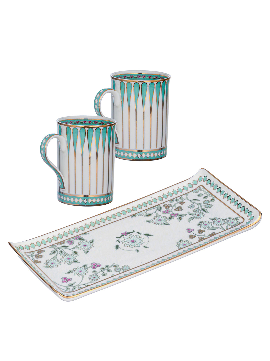 Seaside Bloom 24K Gold Mugs and Tray Set