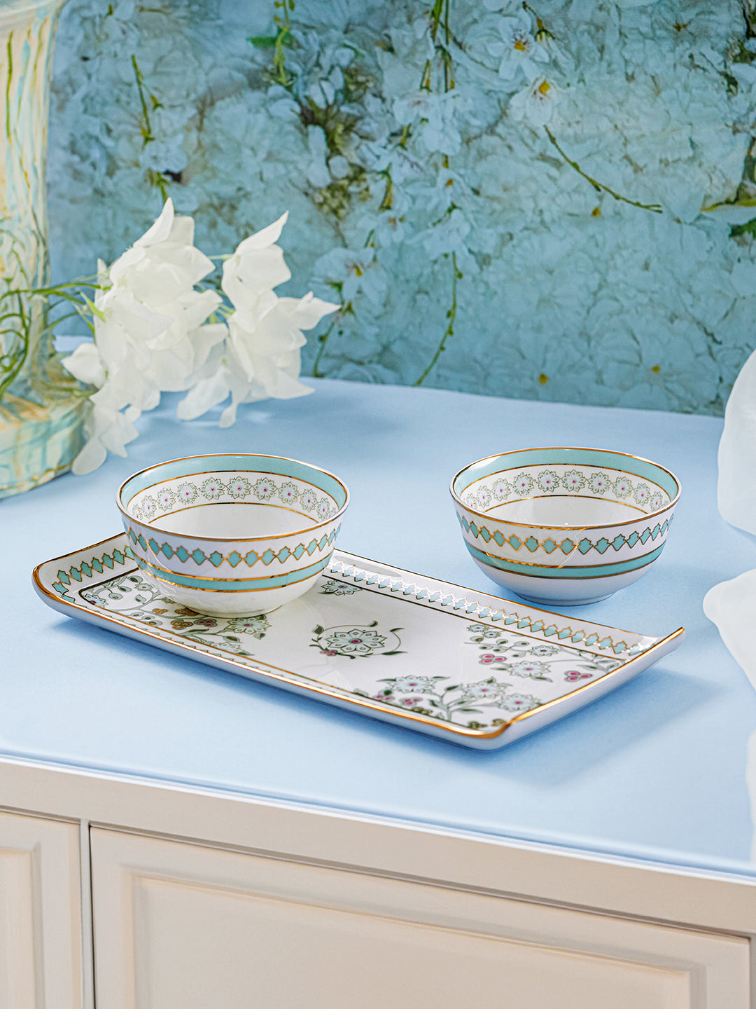 Seaside Bloom 24K Bowls and Tray Set