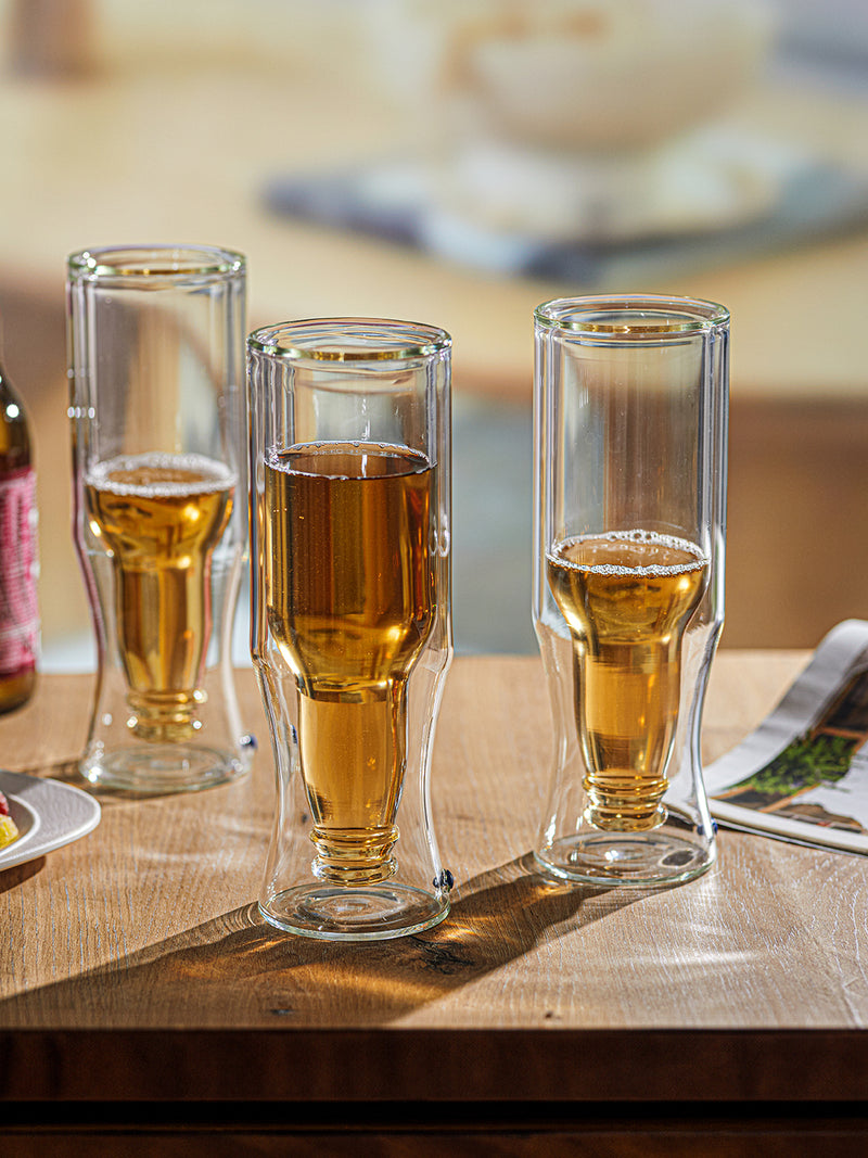 Glass Container Invert Barrel DOUBLE WALL INVERTED BOTTLE SHAPED BEER GLASS - SET OF 4
