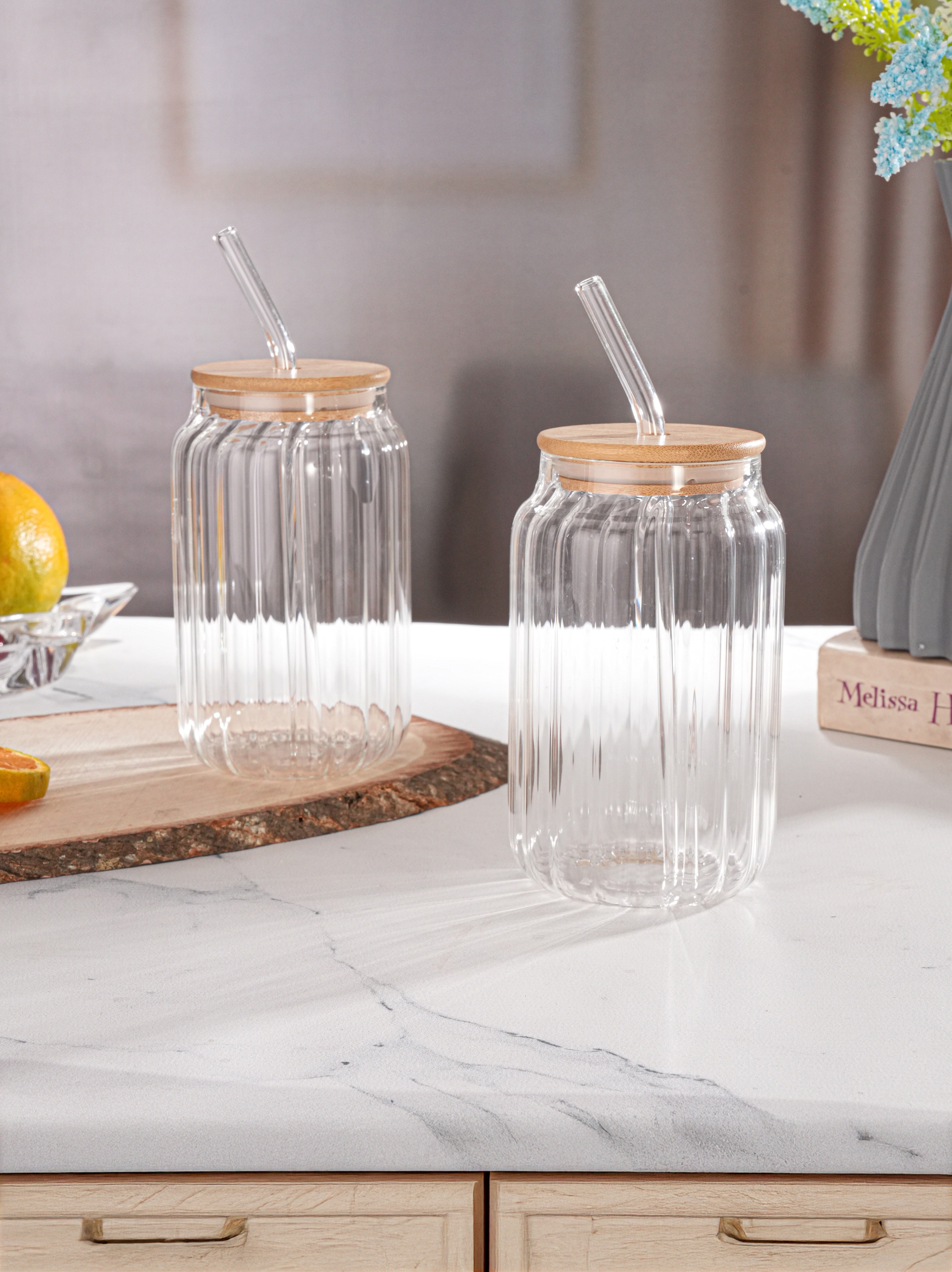 RibbedRoots Tumbler with wooden lid and glass straw- Pack of 2