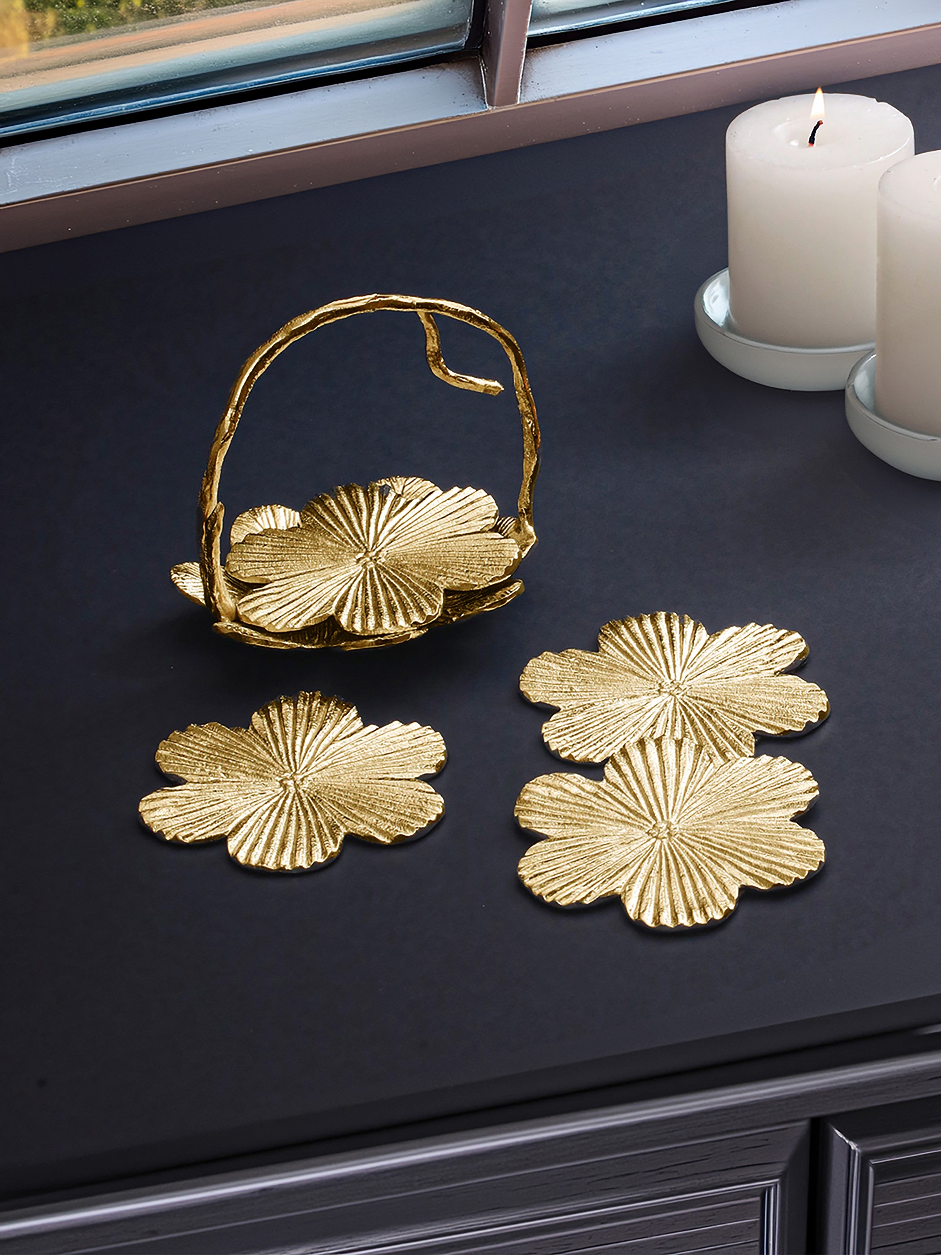 Bloom Coasters with Stand -Gold (Pack of 4)