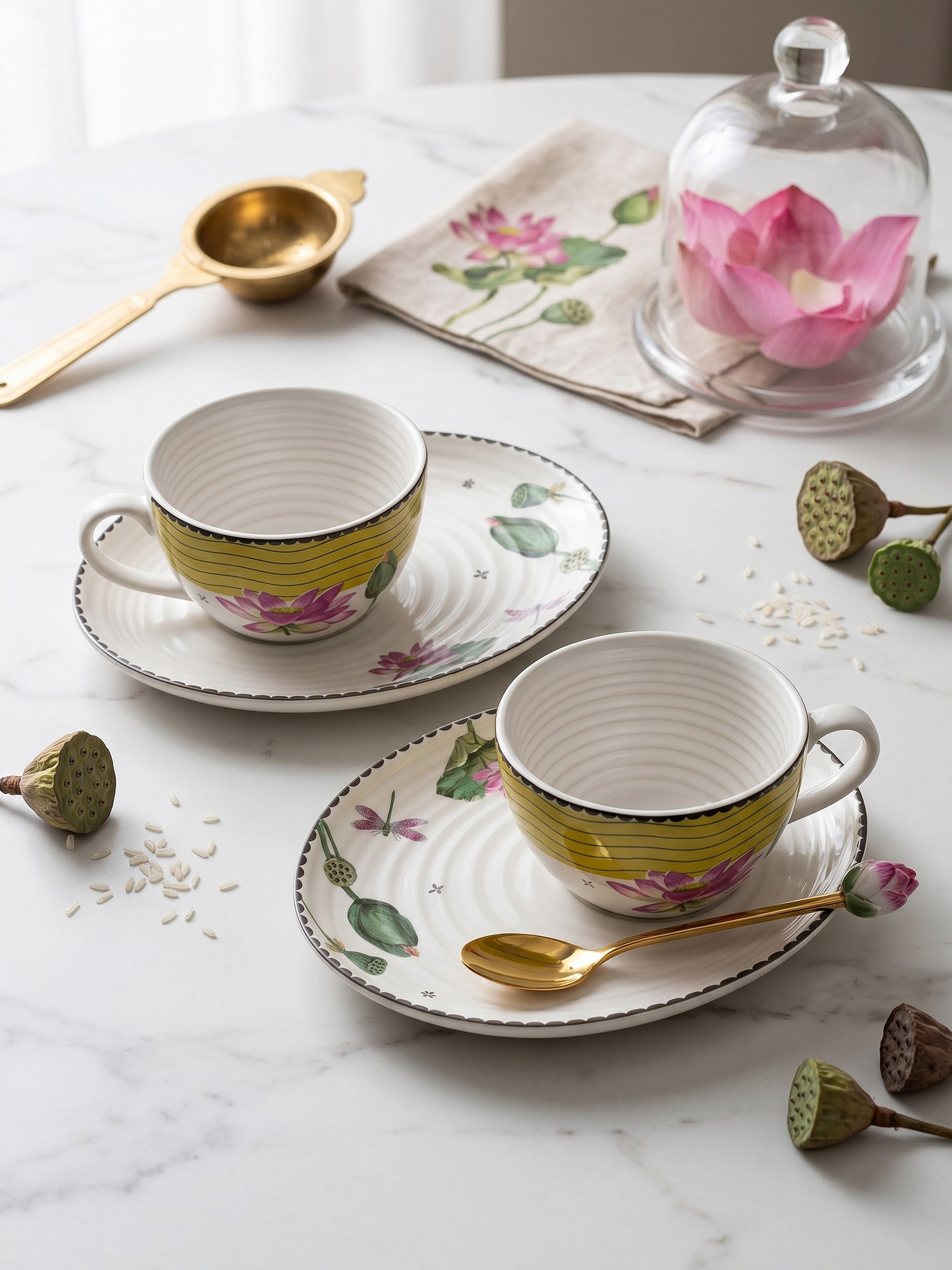 Dragonfly Bloom Porcelain Cup and Saucers Set