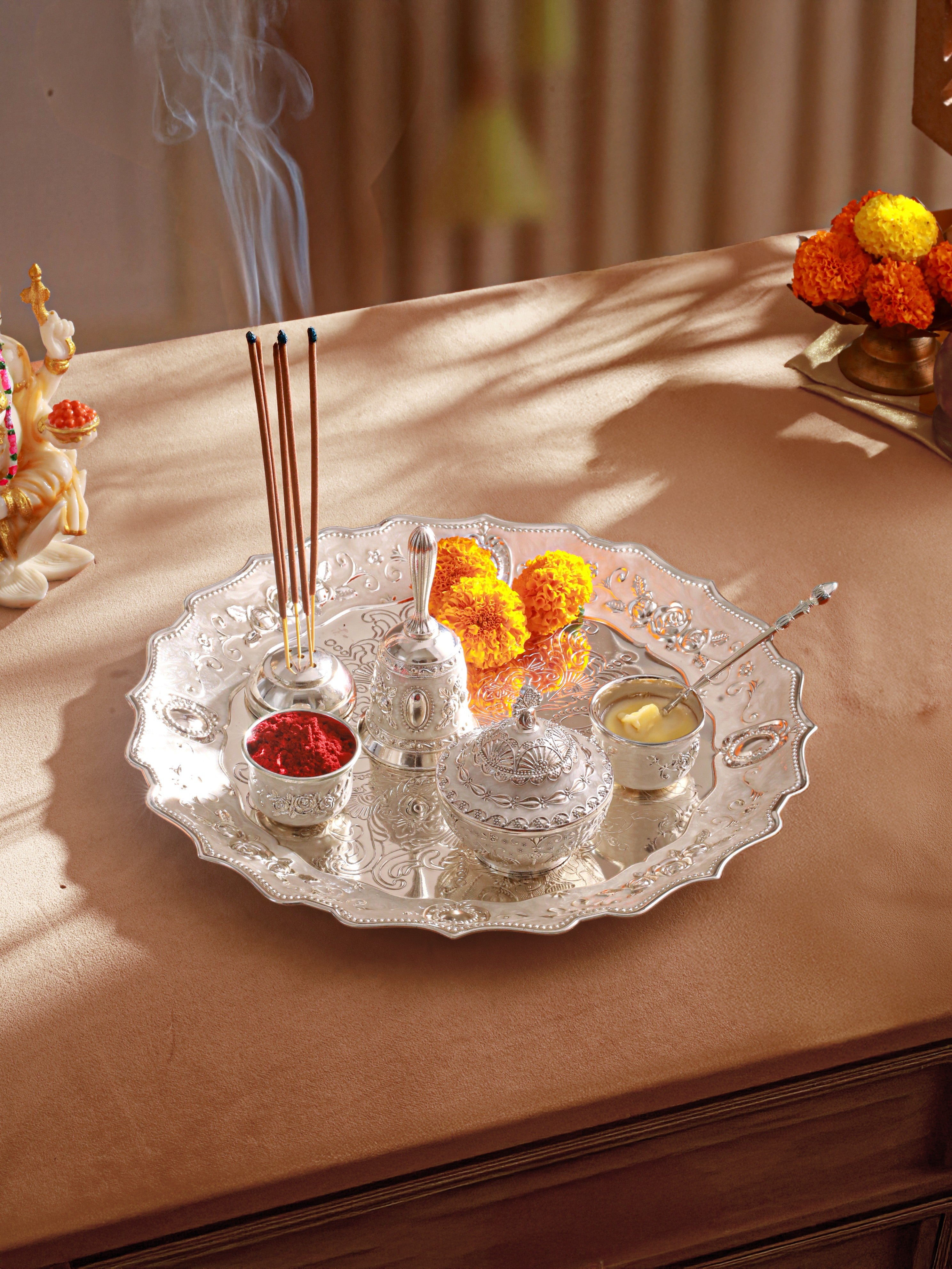 Anantya White Enamel Pooja Set