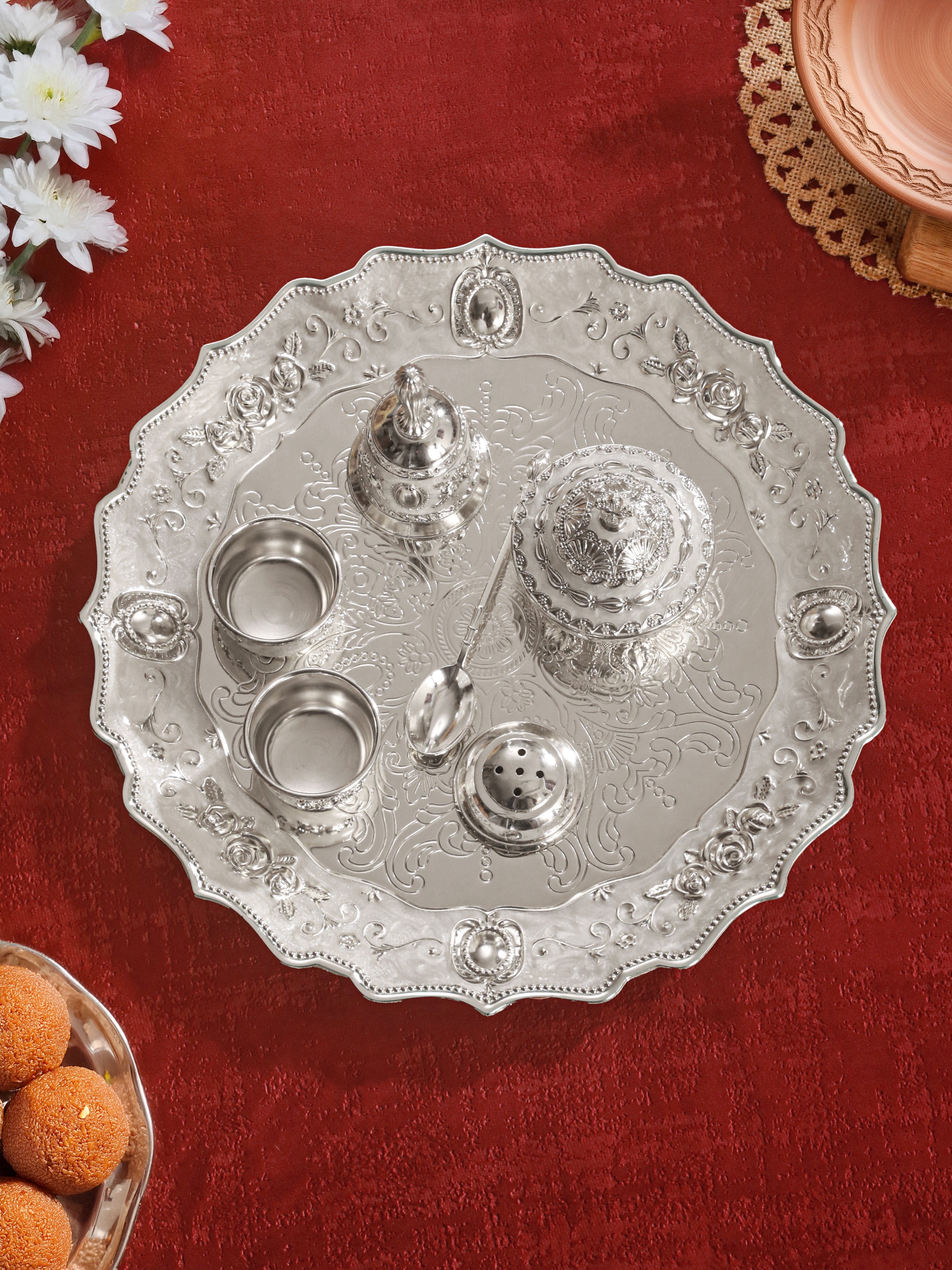 Anantya White Enamel Pooja Set