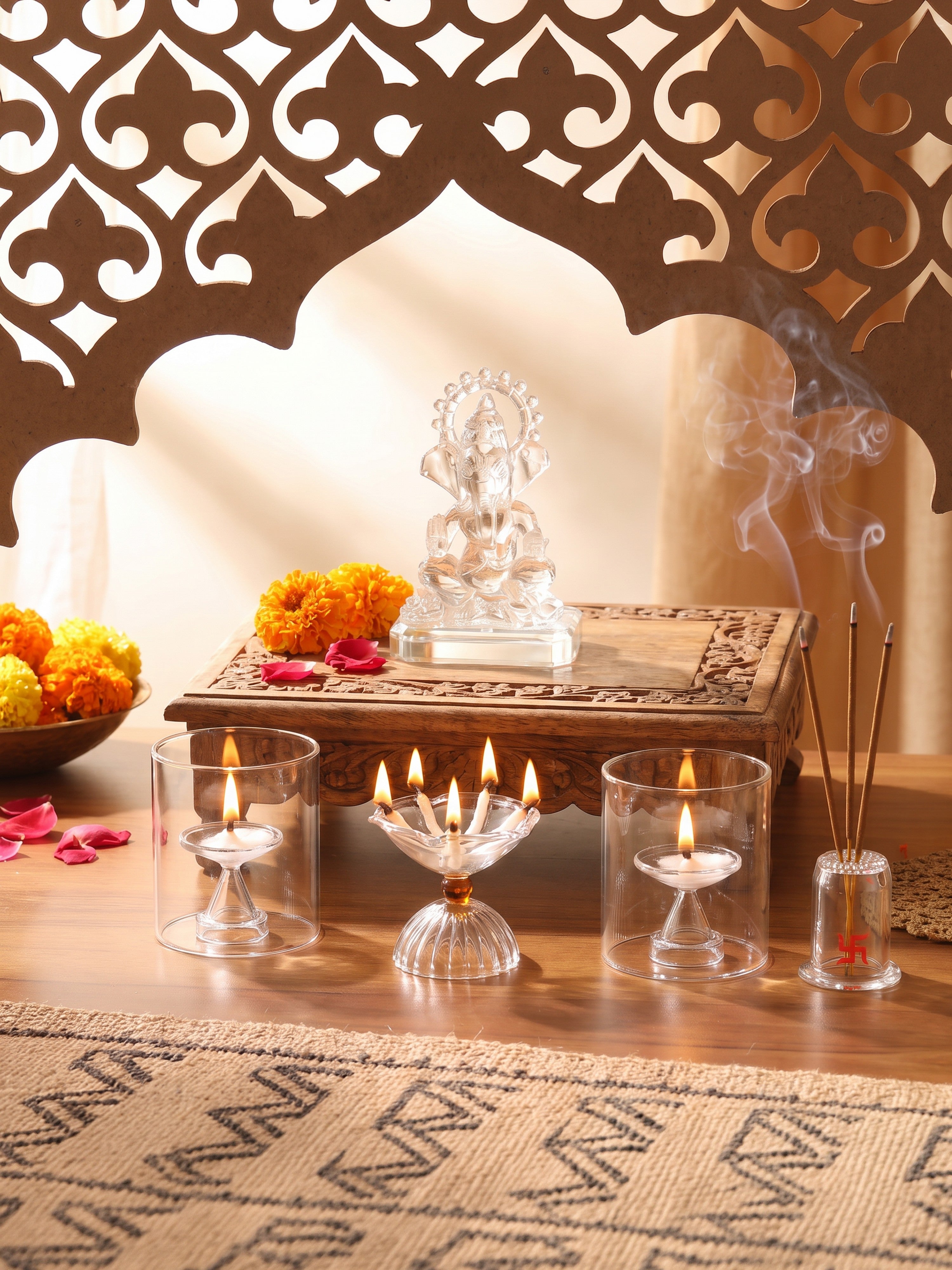 Ganesh Jyoti Glass Pooja Set