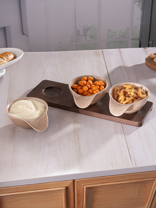 Rustik Brown Dip Set -Fine Porcelain & Wood