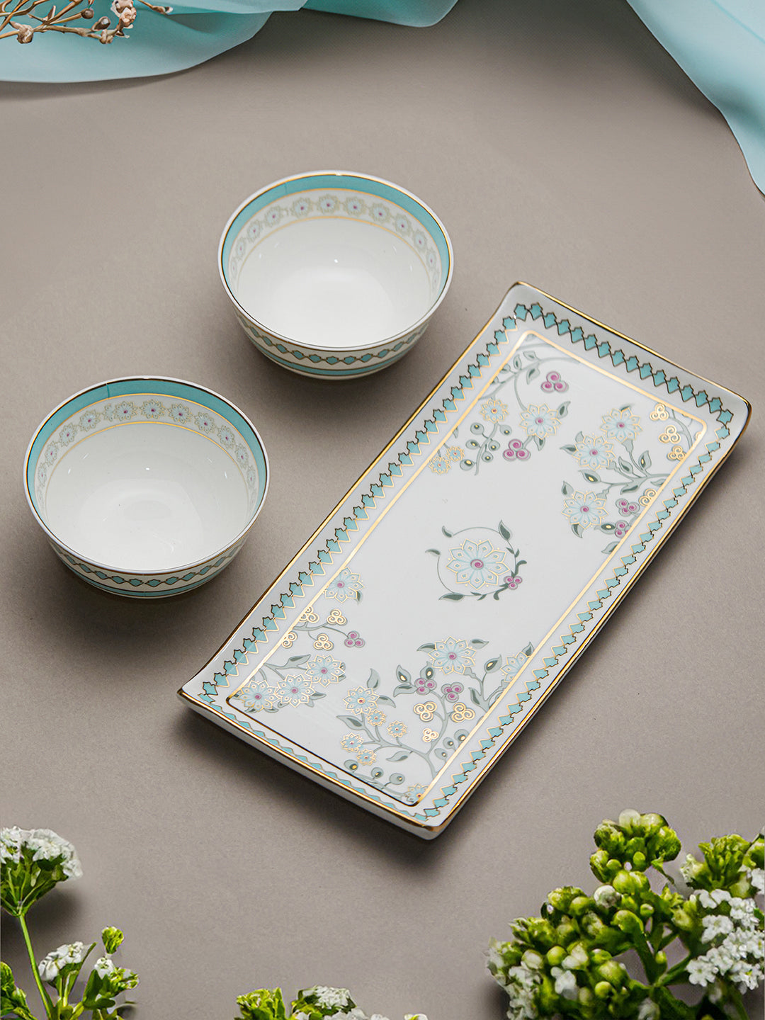 Seaside Bloom 24K Bowls and Tray Set