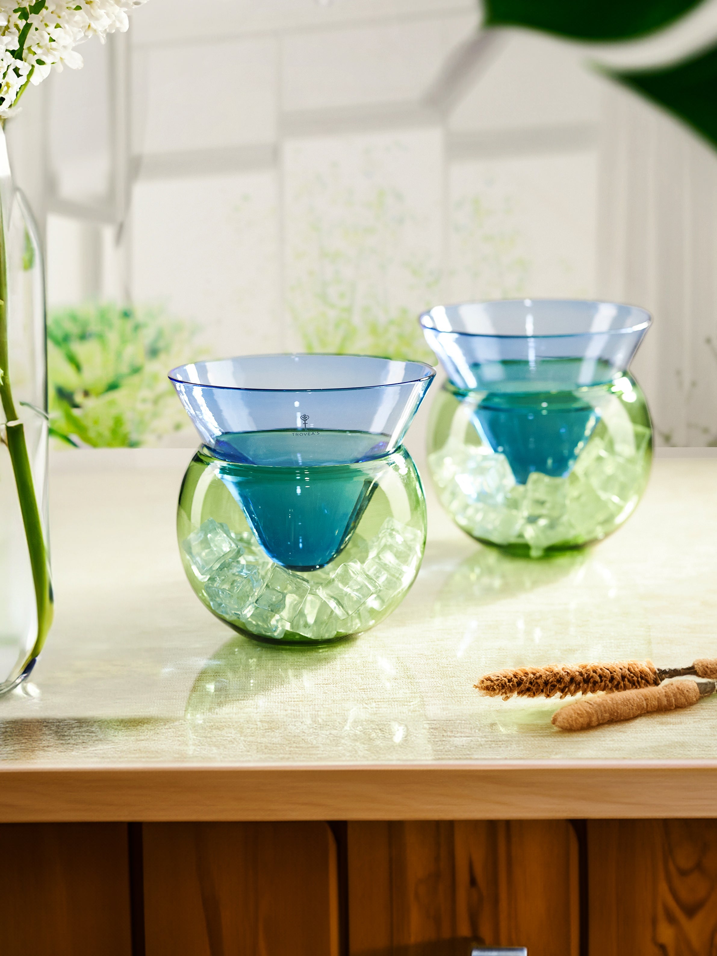 Beautiful Ice Chiller with Top Blue and Bottom Green Cocktail Glass, Set of 2, 190 ML
